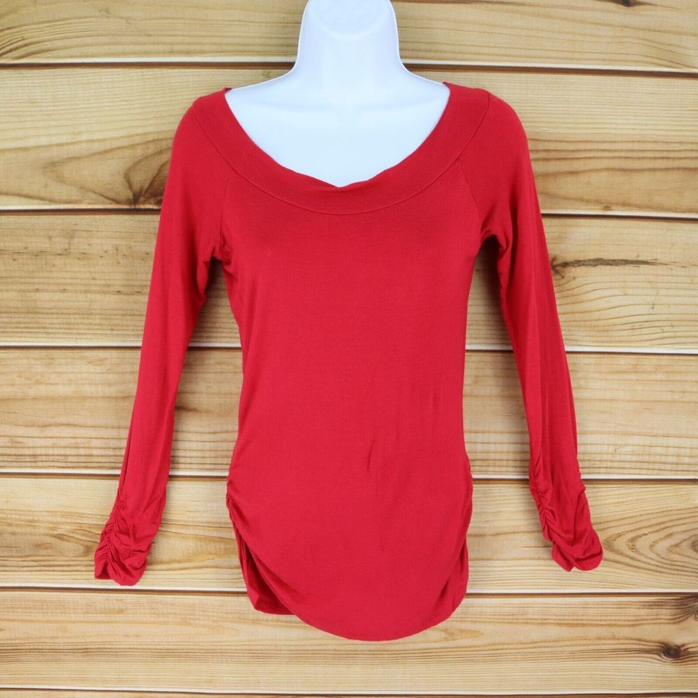 Arden B Blouse Womens Sz S Red Rayon Blend Shirt Ruched Sleeves & Sides Stretch